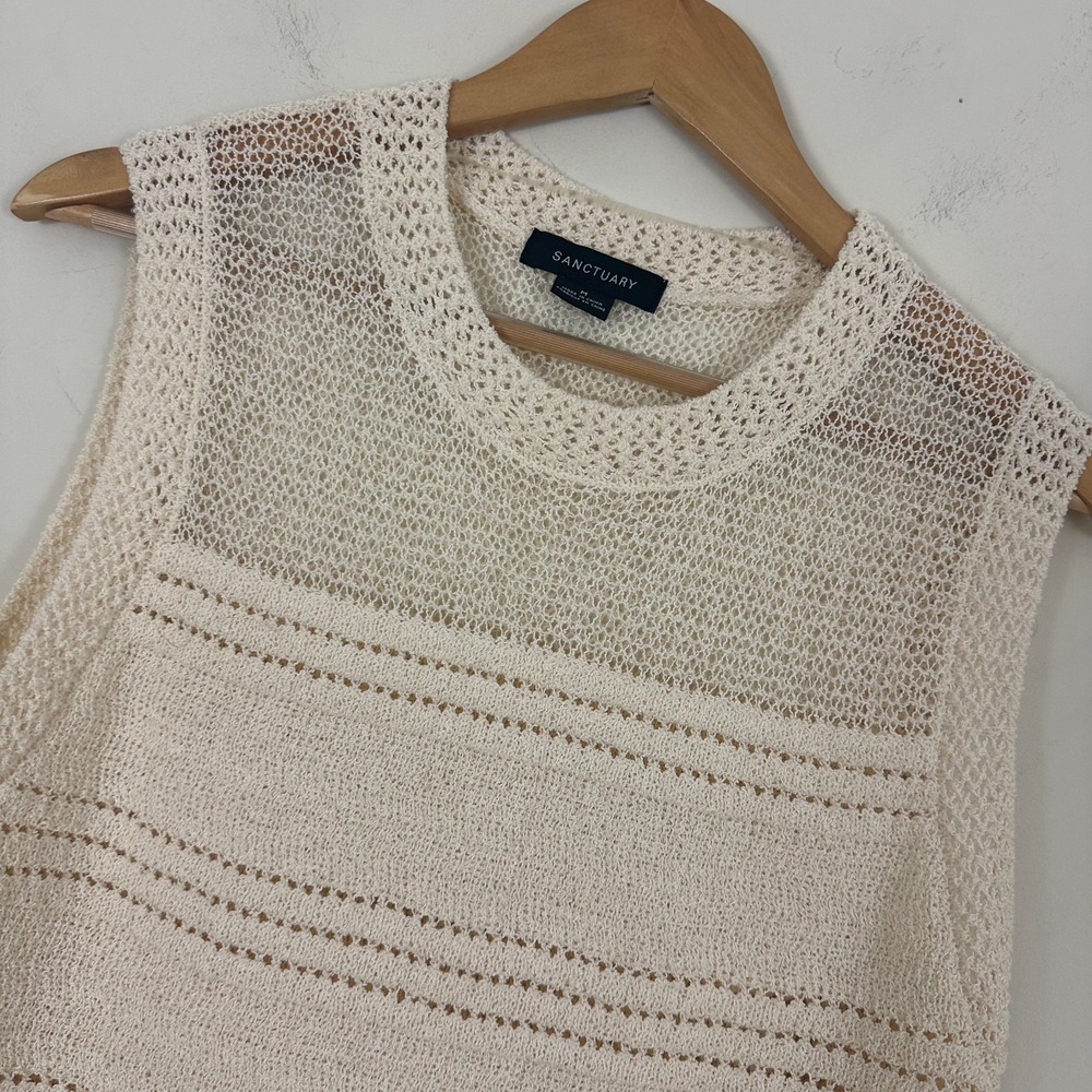 Sanctuary Waves of Summer Shell Crochet Boho Tank Beige Knit Crew Neck M